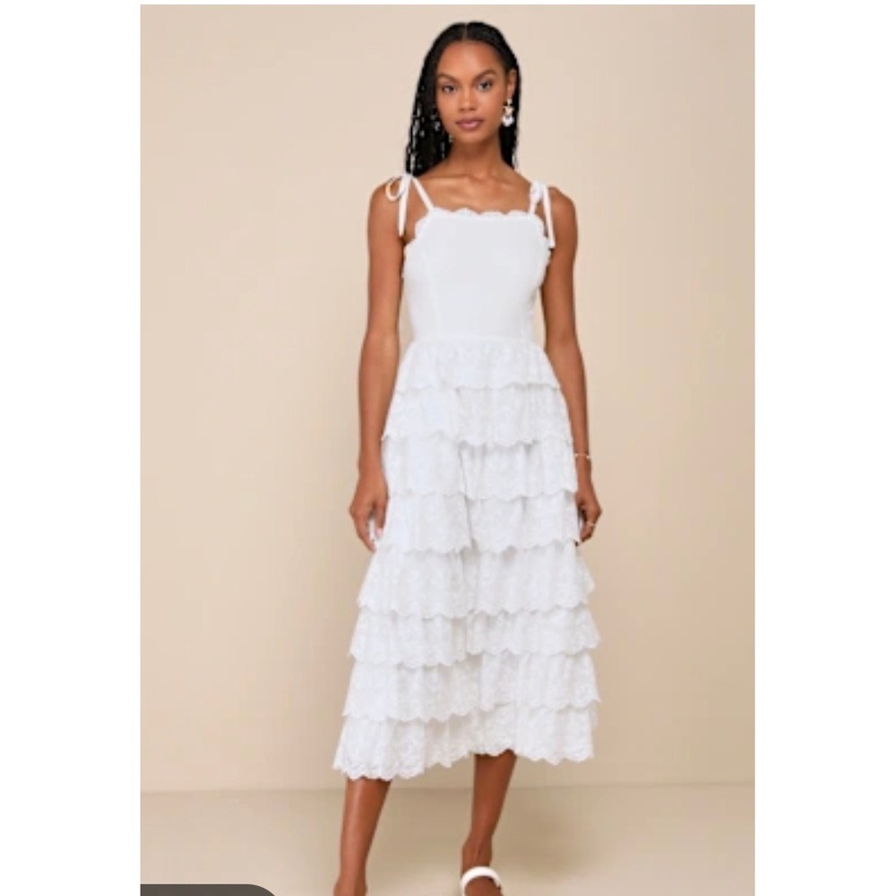 Lulus Endlessly Ideal White Eyelet Embroidered Tiered Midi Dress M